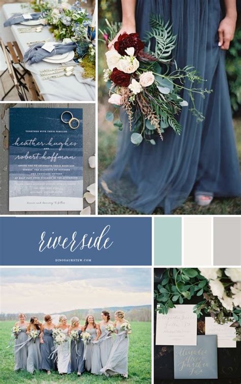 The Wedding Color Scheme Is Blue And Gray With Greenery In Its Center