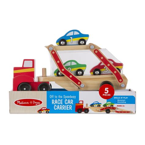 Melissa And Doug Off To The Speedway Wooden Race Car Carrier 5 Pcs