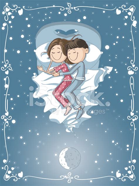 Cute Cartoon Couple Cuddles In Bed Stock Vector