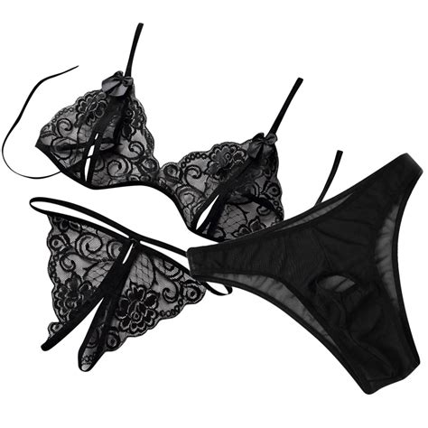 Couple Sexy Underwear Set Open Black G String Bra And Panty Women Sets