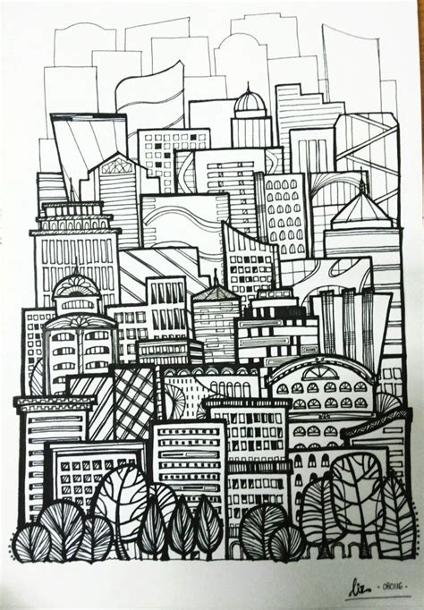 Buildings In The City Doodle Art Designs Tangle Art Line Art Drawings