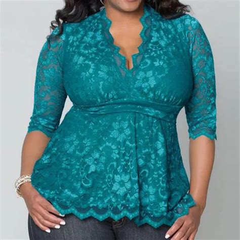 2017 Women Plus Size Clothing Sexy Lace Blouses Deep V Neck Half Sleeve Solid 6 Color Casual