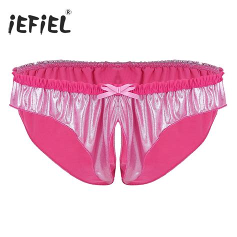 Iefiel Mens Shiny Stretchy Lingerie Low Rise High Cut Crotchless Open Butt Bridal Panties Sissy
