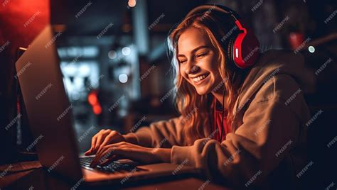Premium Ai Image Excited Gamer Girl In Headset With A Mic Playing Online Video Game On Her