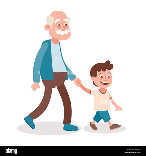 Grandfather And Grandson Walking He Takes Him By The Hand Cartoon