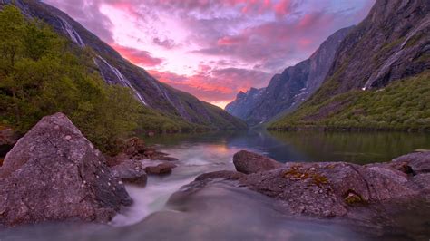 Norway Stone Lake Mountain During Sunset Hd Nature Wallpapers Hd