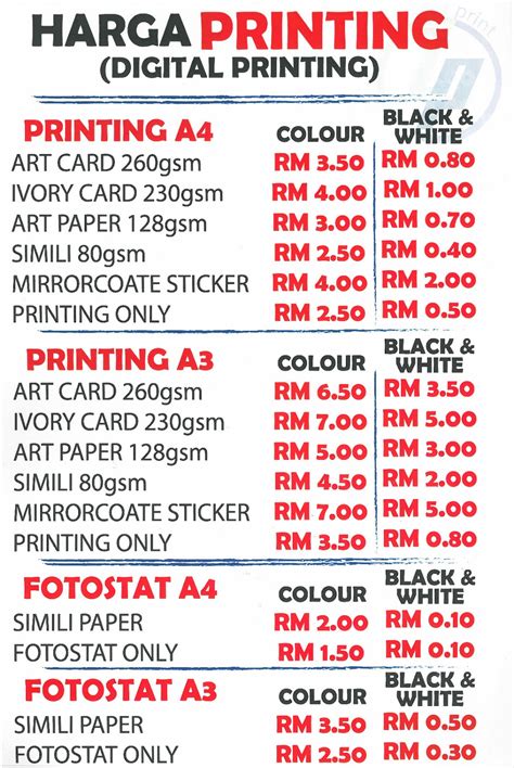 Trade prices backed by our printed promise. ZESTPRINT: ~PRICE LIST FOR DIGITAL PRINITNG & NAME CARD~