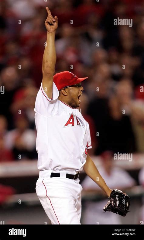 Los Angeles Angels Relief Pitcher Francisco Rodriguez Points To The