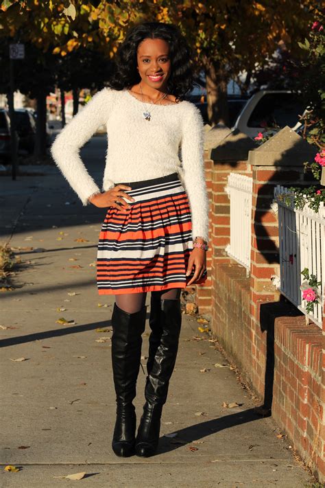 Striped Skirt Over The Knee Boots Fluffy Sweater 7