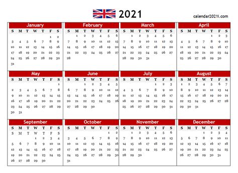 Free printable yearly calendar 2021. UK 2021 Calendar Printable, Holidays, Word, Excel, PDF ...