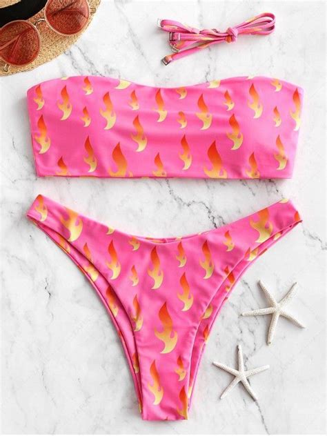 37 Off 2021 Zaful Flame Print High Leg Bandeau Bikini Swimsuit In Hot Pink Zaful