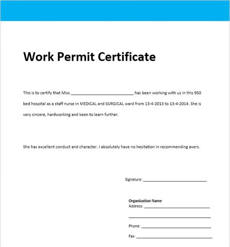 13 Free Sample Work Permit Certificate Templates Printable Samples