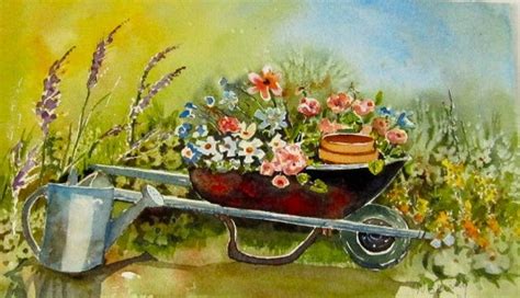 Wheelbarrow With Flowers Of All Colors Original Watercolor