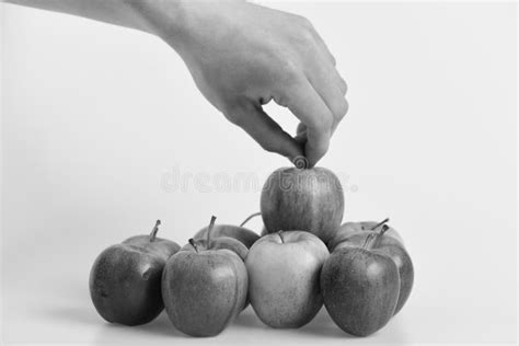 Male Hand Holds Light Red Apple Above Other Fruits Stock Image Image