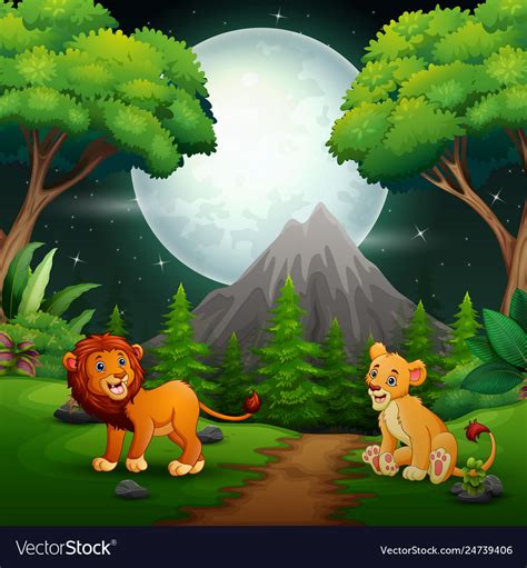 Lion Cartoon Roaring In Jungle Background Vector Image