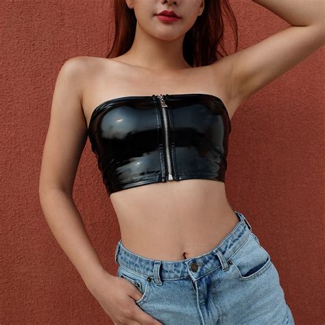 Aliexpress Com Buy Summer Women Strapless Tube Tops Pu Leather Zipper Sexy Camis Party Club