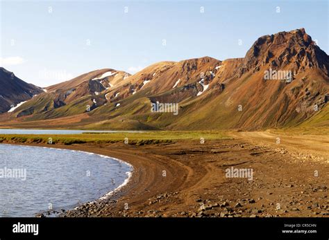 Iceland Sudurland Region Landmannalaugar Mountain And River Stock