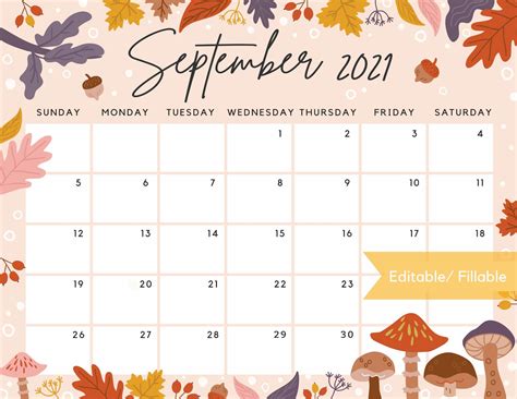 September 2021 Calendar Beautiful Fall Autumn Flowers Leaves