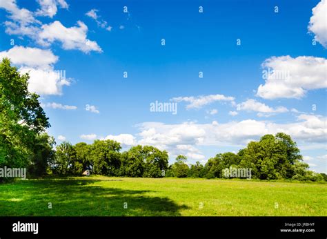 Awesome Landscape With Green Meadow And Summer Blue Sky Nice Green