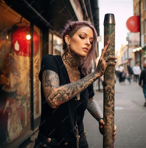 Premium Ai Image A Woman With Tattoos On Her Arm Is Holding A Pole With A Sign That Says