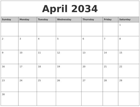 April 2034 Monthly Calendar Printable