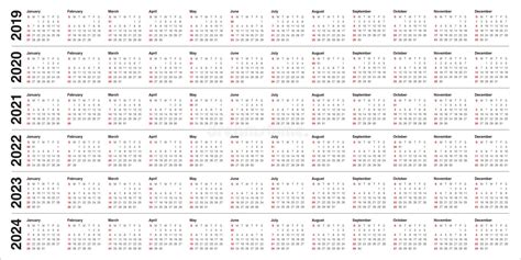 Year 2019 2020 2021 2022 2023 2024 Calendar Vector Design Templa Stock
