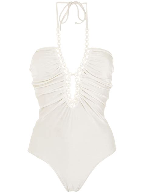 Adriana Degreas Halterneck Chain Detail Swimwear In White Modesens