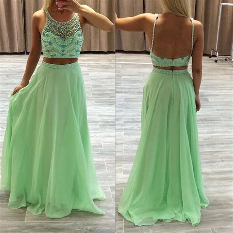 Sparkly Lime Green Two Piece Prom Dresses Bling Beading Crop Top Long