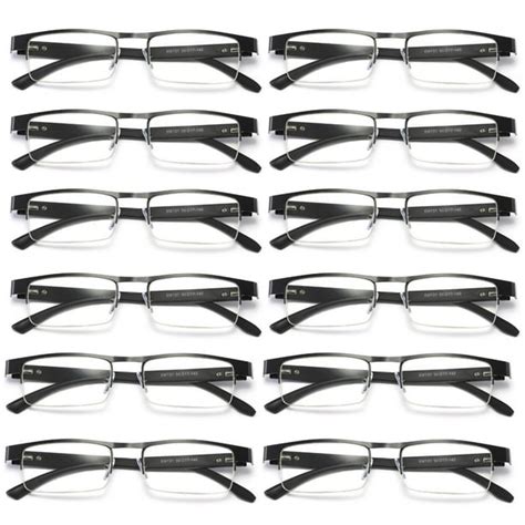 12 Pairs Mens Rectangular Metal Half Frame Reading Glasses Spring Hinge Black Readers 250