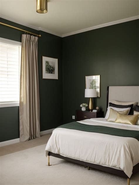 A Bedroom With Dark Green Walls And White Bedding Gold Accents On The