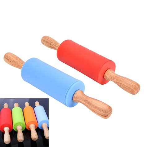 New 1pc Wooden Handle Non Stick Silicone Rolling Pin Dough Roller