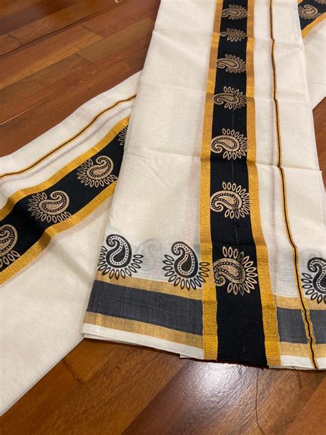 Kerala Cotton Mundum Neriyathum Set Mundu With Block Prints On Kasav