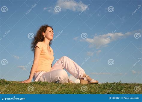 Woman On Grass Sunset Stock Image Image Of Attractive 1030871