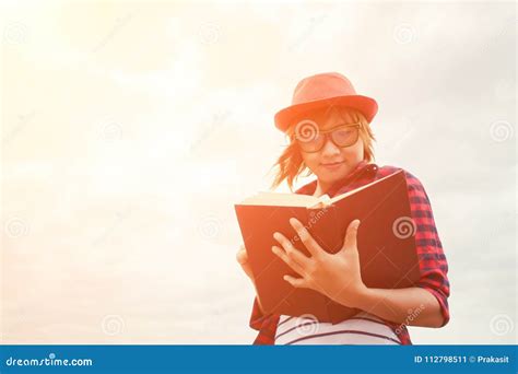 Young Educated Woman Standing Reading Book Stock Image Image Of