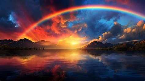Premium Ai Image Rainbows Over A Lake With Mountains And Clouds In