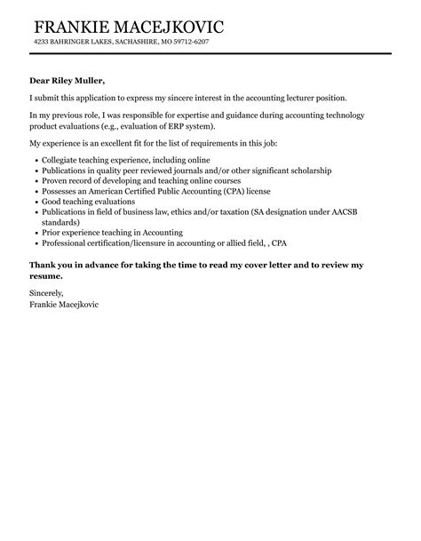 Accounting Lecturer Cover Letter Velvet Jobs