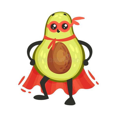 Funny Avocado Wearing Superhero Red Cloak And Mask Posing Vector Illustration Stock Vector