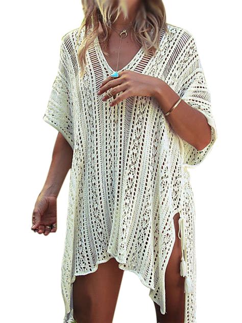 Swim Cover Ups Women Knit Lace Crochet Bikini Beachwear V Neck Hollow