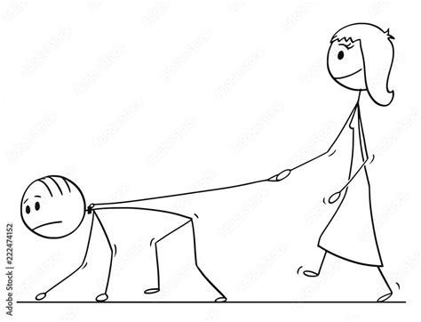 cartoon stick drawing conceptual illustration of woman walking with man on a leash concept of