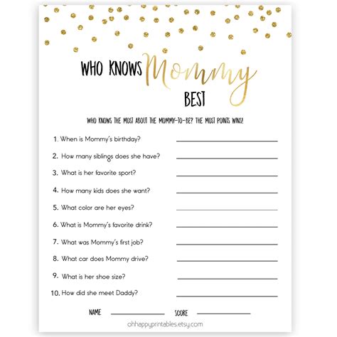 Who Knows Mommy Best Gold Glitter Printable Baby Shower Games