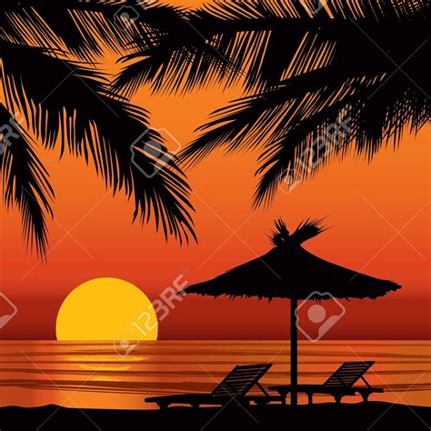Vista Del Atardecer En La Playa Con Palmeras Ilustraciones Vectoriales