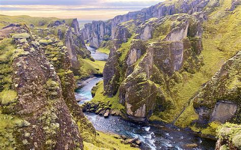 Fjadrargljufur Canyon Iceland Sky Rocks Cliffs River Trees