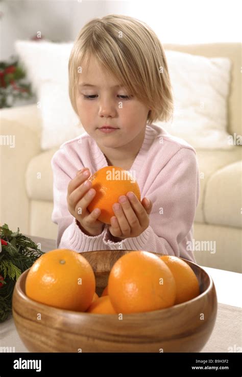 Girl Orange Portrait Hold Fruit Peel Stock Photo Alamy