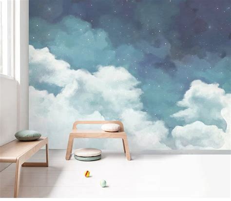Removable Fabric Clouds Wallpaper Fantastic Starry Sky Mural For