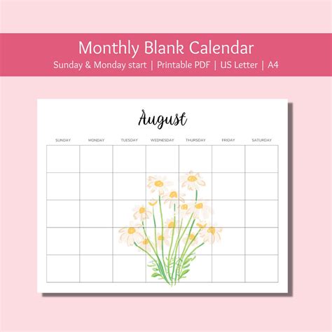 Printable Monthly Blank Calendar Etsy