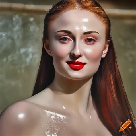 gorgeous sansa stark red lips big eyes in ancient roman bath bathing sweet smile wet award