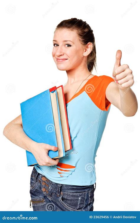 Student With Her Books In Hand Show Thumb Up Stock Photo Image Of
