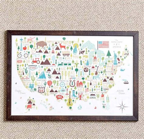 Us Map Framed Illustrated Print Unique Folk Art Images Of 50 States