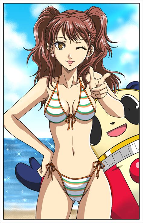 Hanzou Kujikawa Rise Kuma Persona 4 Atlus Persona Persona 4 1girl Beach Bikini Brown