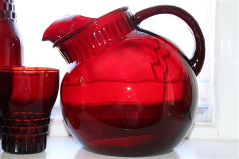 Royal Ruby Red Depression Glass Ball Pitcher And 7 Tumblers Vintage 1930